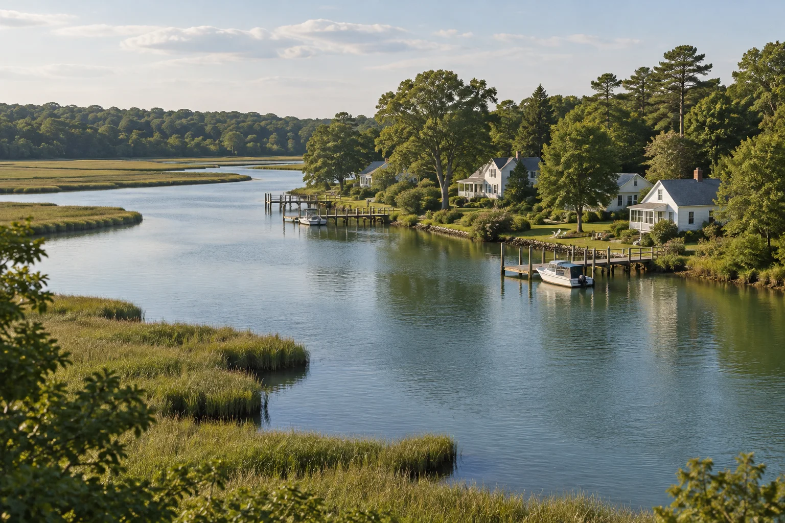 Illustrative Chesapeake shoreline with homes and wooden docks beside a quiet tidal creek