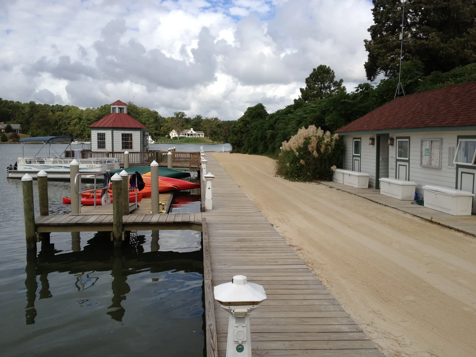 Wooden docks and kayaks on the Rappahannock River at Irvington