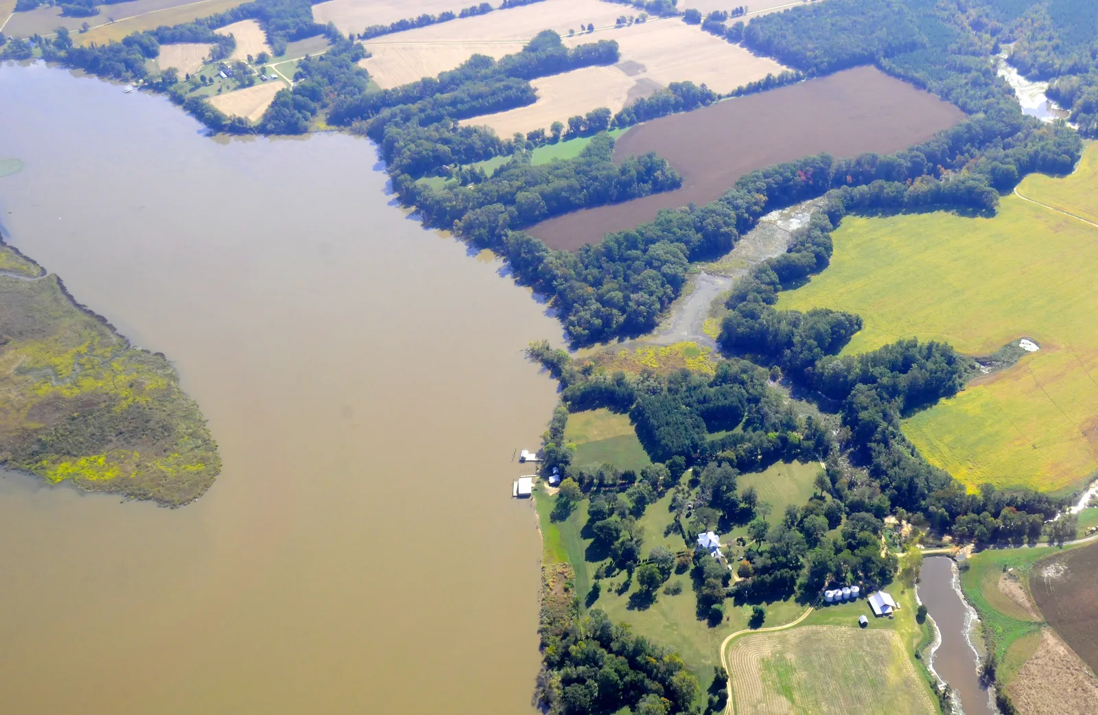 The Rappahannock River winding past farms and woods, seen from above